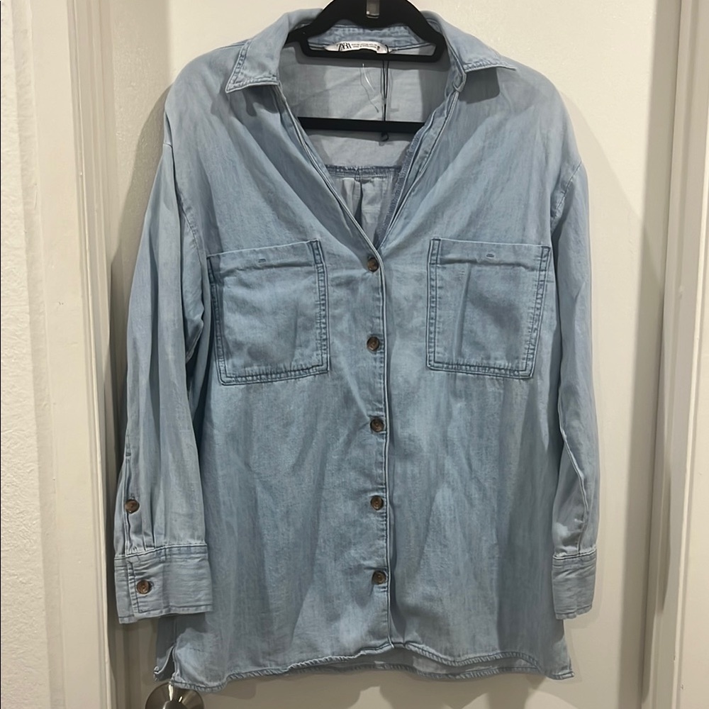 Zara Light Blue Denim Button-Up Shirt tunic length